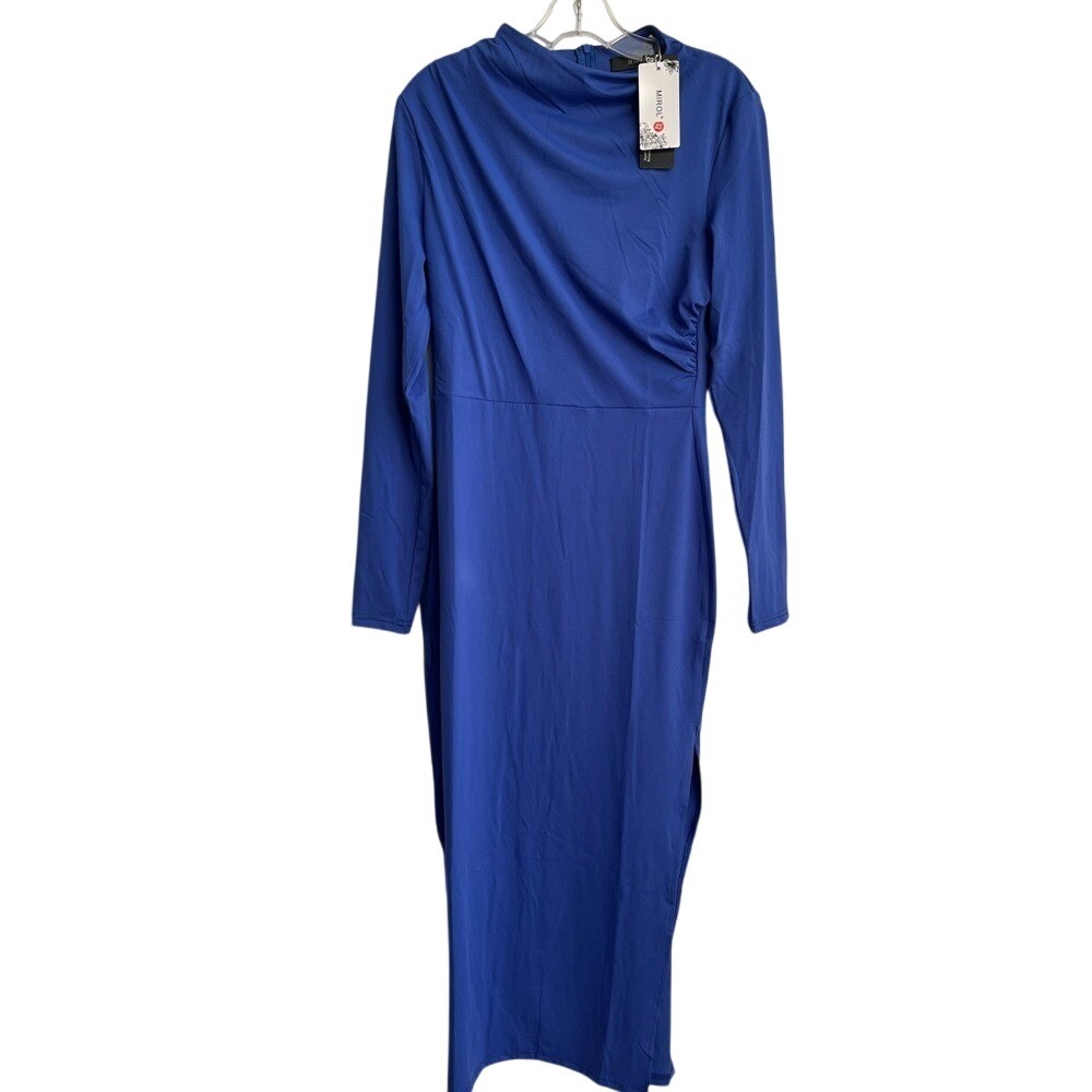 Mirol Long Sleeve Maxi Dress Mock Neck Slit Ruched Womens Medium Blue Stretchy
